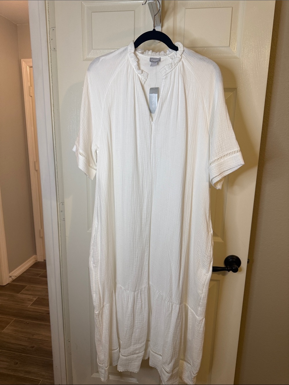 Chico's White Gauze Midi Lined Dress with Ruffle Neck